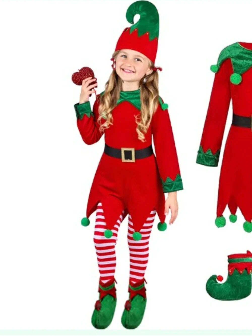 JNYVE Christmas Elf Costume for Kids - Girls Elf Dress Set Velvet Cosplay Santa'